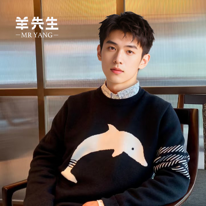 Dolphin Pattern 100% Pure Cashmere Sweater for Men, Black Double-Ply Thickened Round Neck Winter Youth Sweater, Versatile Classic Style