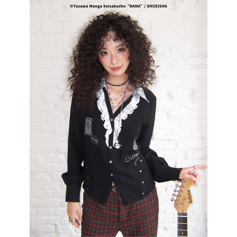 Chemical Girl × Nana Collaboration Punk Style Lace Patchwork Floral Print Lapel Waist-Tightening Long Sleeve Shirt for Women