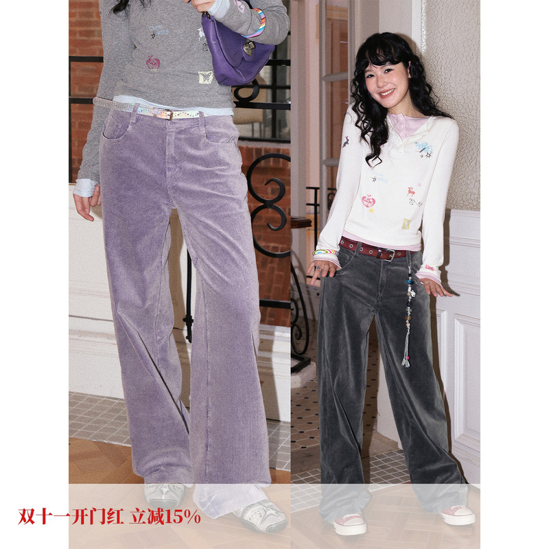 Chemical Girl H1'Winter Ensemble' Micro-Elastic Corduroy Casual Pants for Women, Light Purple, Versatile, Korean Retro Style