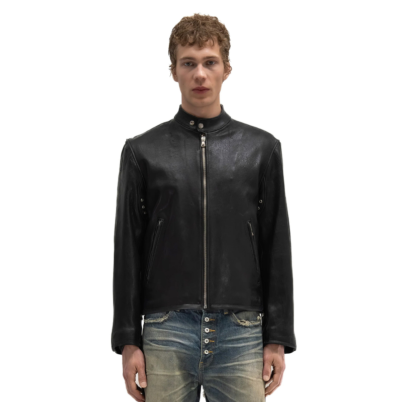 No Faith Studios Multi-Zip Henry Collar Leather Jacket Casual Three-Dimensional Cut Short Wide Jacket