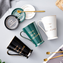  Creative ceramic cup with lid and spoon Mug Large capacity ceramic couple personality drinking cup Coffee cup Teacup
