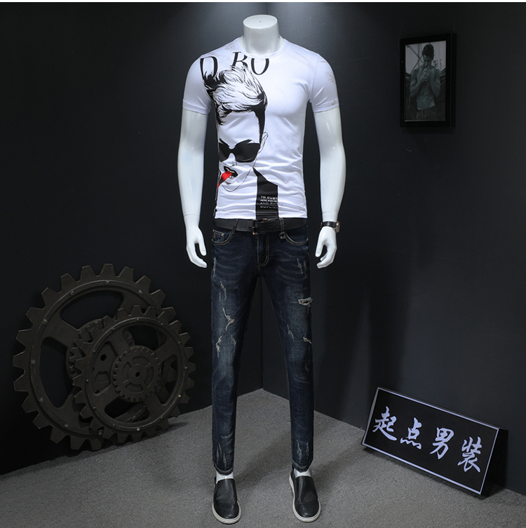 Áo thun nam ngắn tay mùa hè 2019 Mercerized Cotton In một nửa áo thun tay tròn cổ Slim nửa tay áo xu hướng Hàn Quốc - Áo phông ngắn áo thun thể thao nam