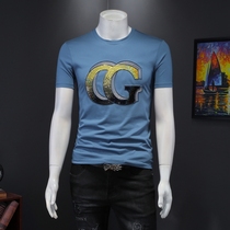 Double silk light cotton short-sleeved T-shirt summer mens ice silk half-sleeve t-shirt 2020 new letter sequin embroidery trend