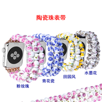Apply Apple Watch6 ceramic watchband Apple iWatch2345SE stylish green flower porcelain string bead bracelet
