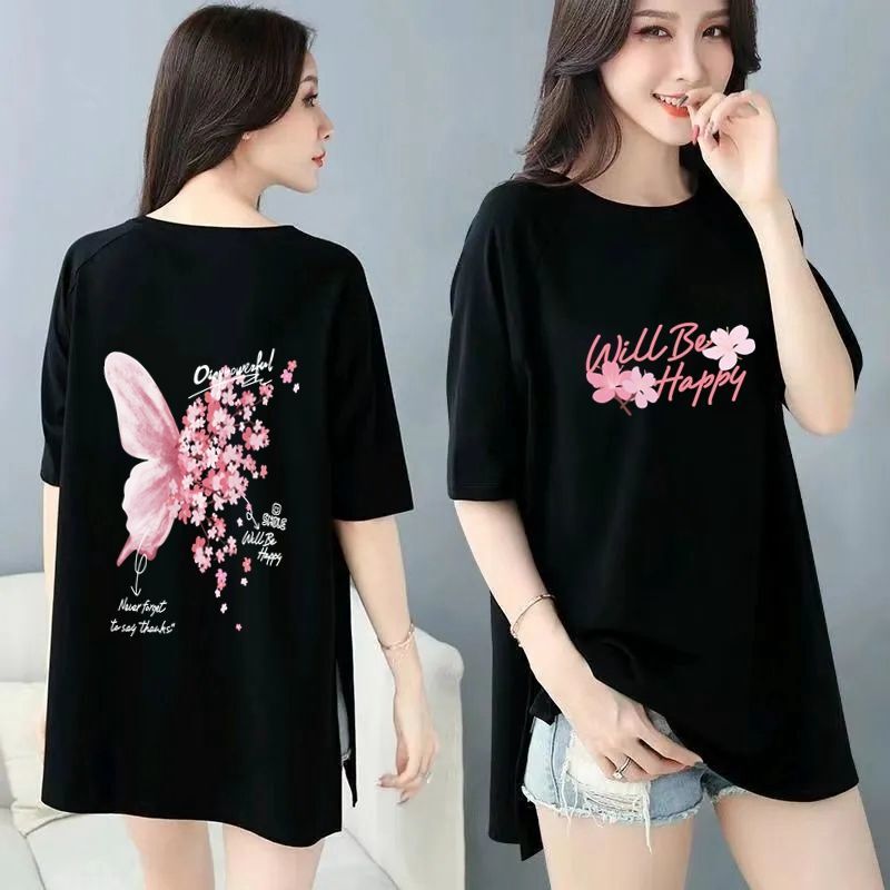 Plus Size Women's Spring and Autumn Short-Sleeved T-Shirt with Slits on Both Sides of the Hem, Korean Style Loose Mid-Length Half-Sleeved Women's Top Plus Size Women's Spring and Autumn Short-Sleeved T-Shirt with Slits on Both Sides of the Hem, Korean Style Loose Mid-Length Half-Sleeved Women's Top