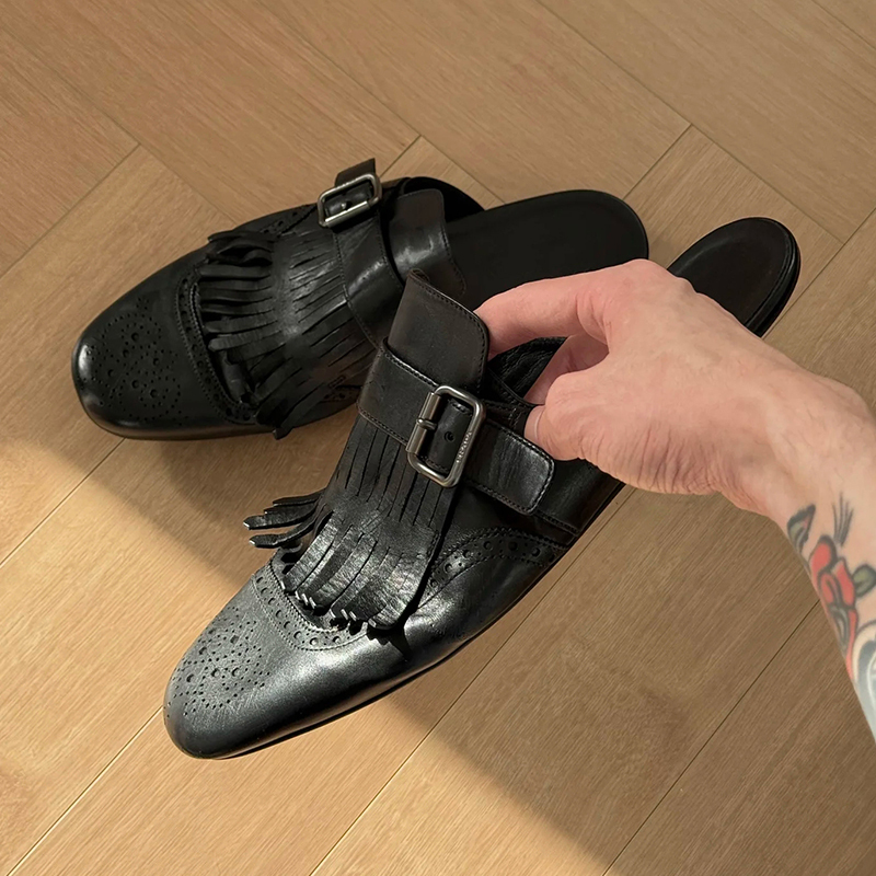 2025 Summer New P Brand Brogue Cowhide Half Slippers Men's Genuine Leather Flat Retro Tassel Closed-Toe Slippers