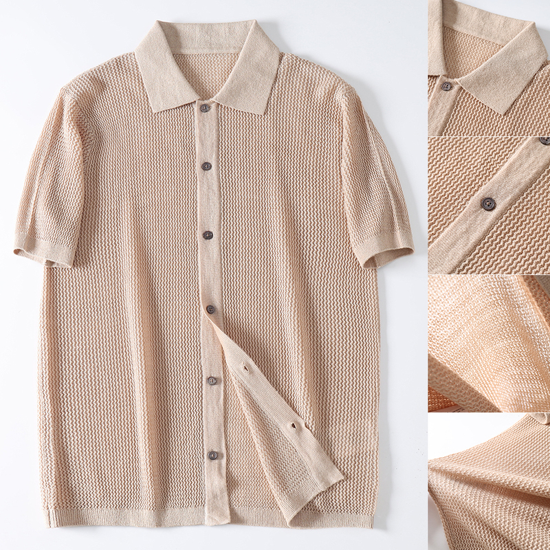 Yishu Tailored Tencel Linen 3D Jacquard Texture T-Shirt Spring/Summer Men's High-End Casual Knitted Short-Sleeve Polo Cardigan Yishu Tailored Tencel Linen 3D Jacquard Texture T-Shirt Spring/Summer Men's High-End Casual Knitted Short-Sleeve Polo Cardigan