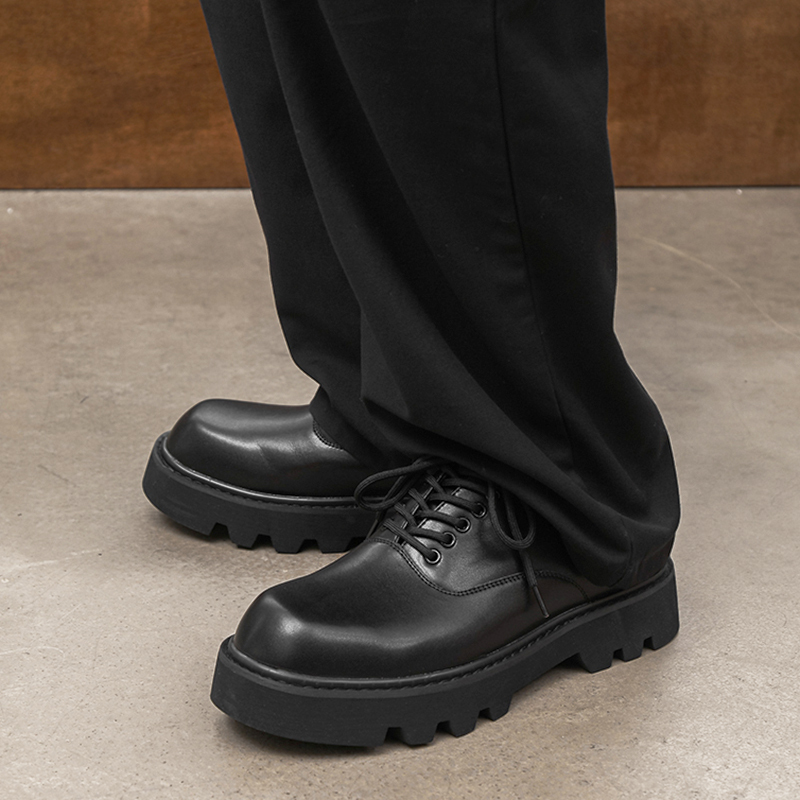 Square-Toe Men's Shoes with a High-End Feel, Niche Cleanfit Retro Black Derby Shoes, Thick-Soled Casual Height-Increasing Big-Toe Shoes