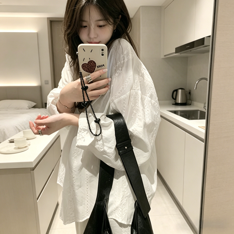 Yoogirls Relaxed Fit White Linen Embroidered Long-Sleeve Shirt for Women, Spring and Summer Thin Sun Protection Shirt Jacket