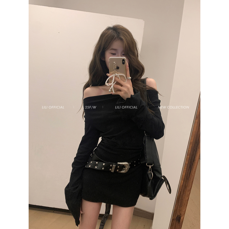 Miss Lili's Early Spring Beautiful Black Slim-Fitting Top Dress, Off-Shoulder Sexy Short Skirt, Bodycon Skirt for Women