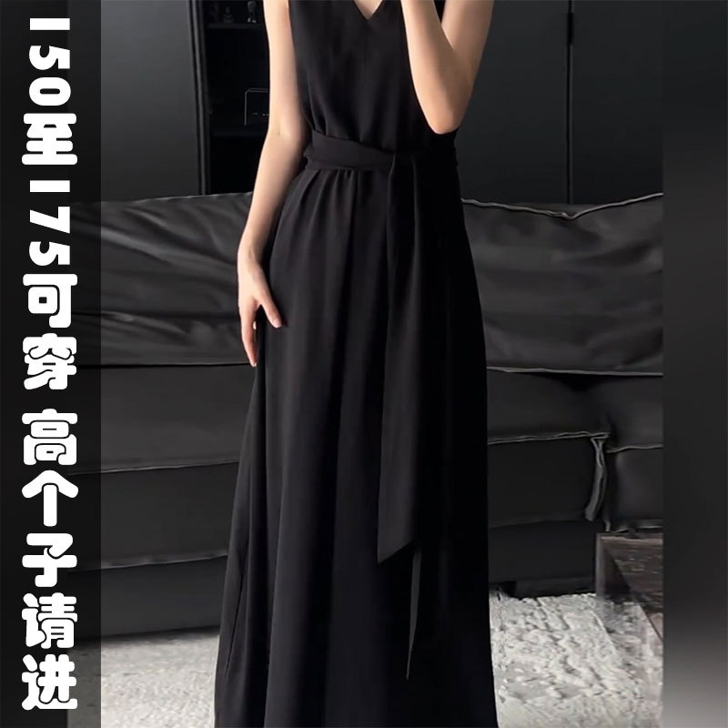 Spring and Summer 170cm Tall Extra-Long Ankle-Length Floor-Length Plus-Size French-Style Elegant V-Neck Waist-Cinching Sleeveless Dress for Women