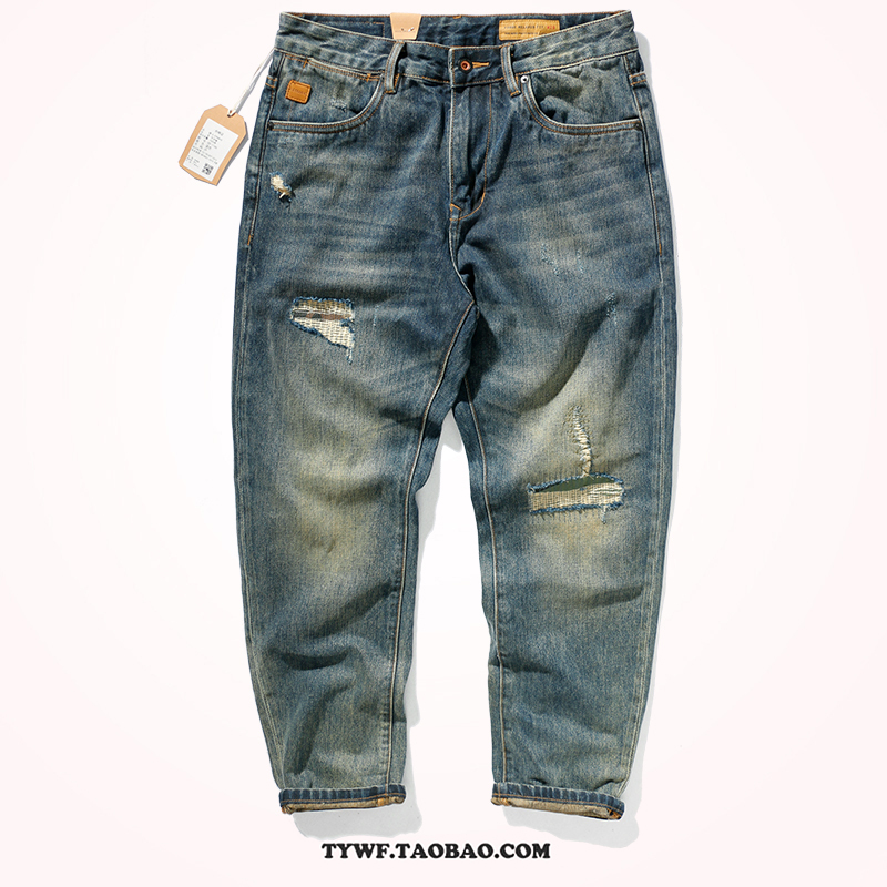 Men's Patchwork Jeans with Ripped Patches, Straight-Leg, Trendy, Distressed, Faded Whiskers, Vintage Tapered Straight-Leg Denim Pants