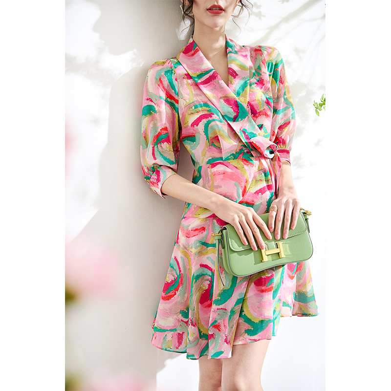 Shansince Weekend Artistic Atmosphere Printed Silk One-Piece Wrap Dress Short Style