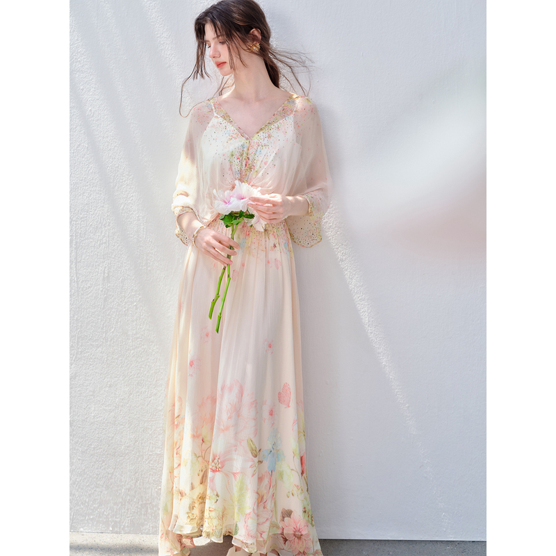 Shansince Silk Long Dress for Women, Summer Mulberry Silk Oil Painting Style Light Apricot Floral Pleated Holiday Dress, Ethereal Style