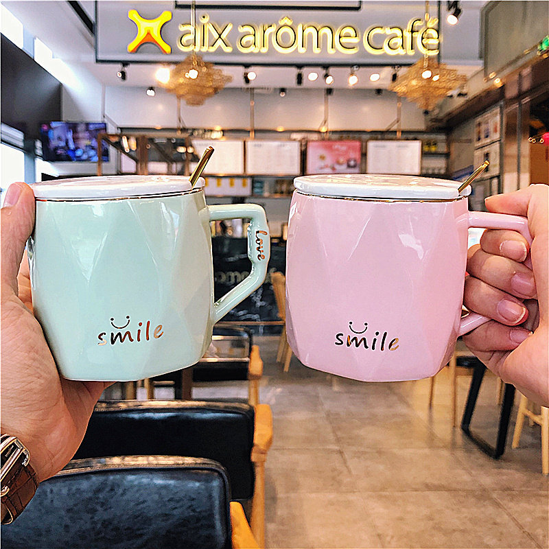 Nordic couple rhombus smiling ceramic cup mug water cup with lid spoon male and female students milk home teacup
