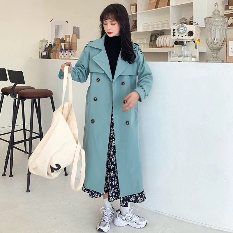 Длинное trenchcoat с длинными рукавами, средней длины, макси, британский стиль, свободный крой
