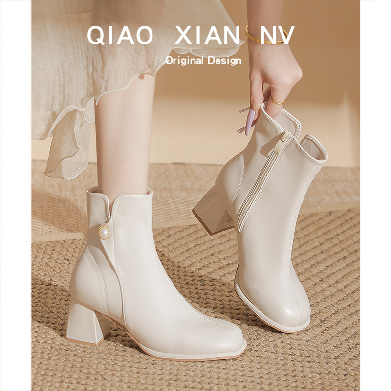 Super Soft~ French Early Spring Short Boots for Women, Round Toe, Chunky Heel Ankle Boots, Fleece-Lined Martin Boots, White Slim Boots, Niche Boots Super Soft~ French Early Spring Short Boots for Women, Round Toe, Chunky Heel Ankle Boots, Fleece-Lined Martin Boots, White Slim Boots, Niche Boots