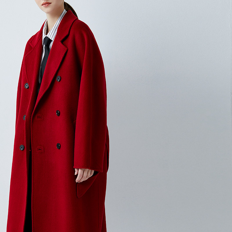 Red double-sided cashmere big coat woman 2021 new autumn and winter long version Korean version loose advanced senses wool coat female