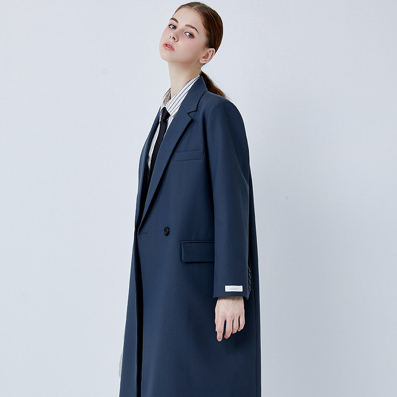 Fog blue long suit collar temperament trench coat women 2021 popular autumn and winter New coat Korean loose coat