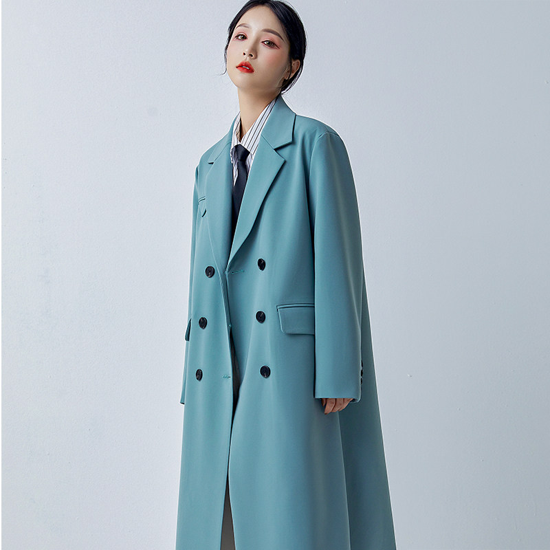 Blue-green suit collar windbreaker women's 2022 spring and autumn new style this year's popular Korean version loose coat mid-length coat