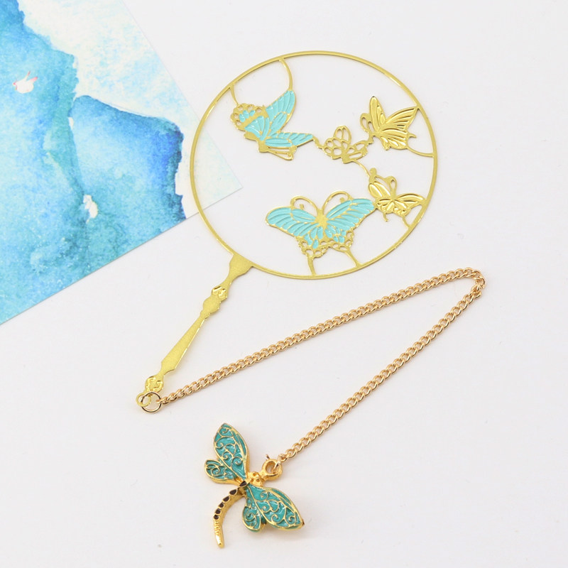 Butterfly dance creative ancient style brass color fan pendant bookmark Beautiful Chinese style fresh and simple student holiday gifts