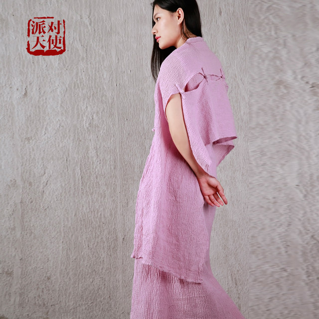 Party Angel summer new light purple cotton and linen pleated temperament two-piece loose and thin shawl dress long