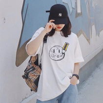 Drew smiley face hand-drawn pencil sketch summer short-sleeved mens and womens tide brand INS high street style loose simple couple T-shirt