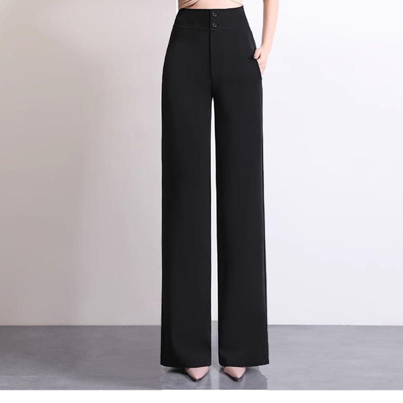 Autumn and Winter Black Drapey Wrinkle-Free Narrow Wide-Leg Pants for Women, High-Quality Petite Straight-Leg Casual Slimming Pants