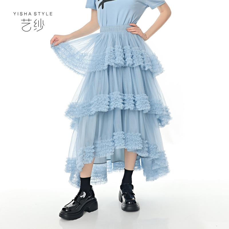 【Yisha】Designer Dress with Light Blue Mesh, Multi-Layered Ruffles, Irregular Hem, Fairy-Like Tiered Skirt