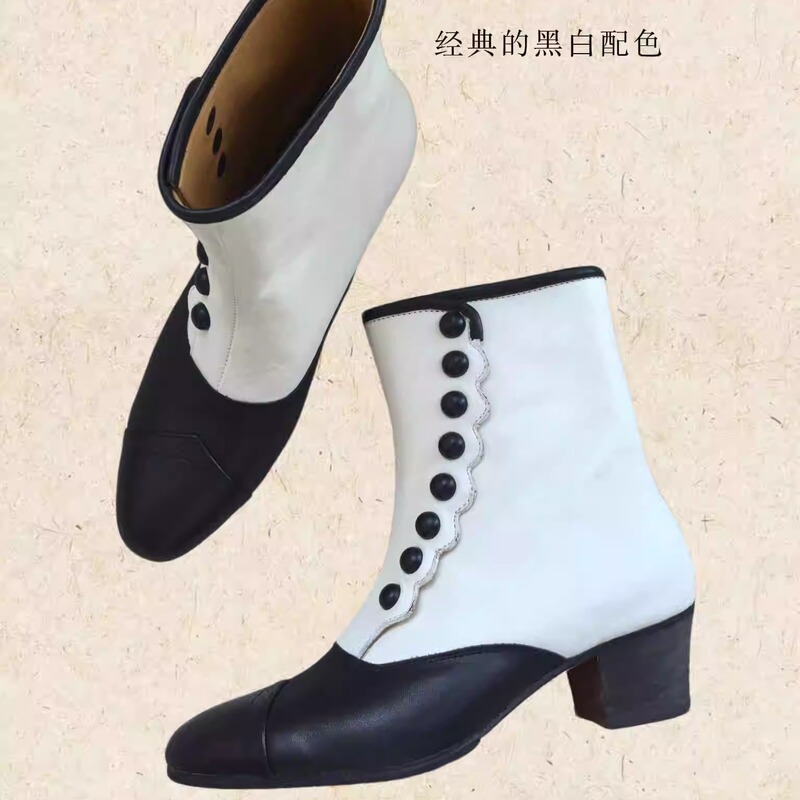 Victorian Antique Boots Mystique Classic Black and White Color-Blocking Medieval Court Style Niche Genuine Leather Women's Shoes New