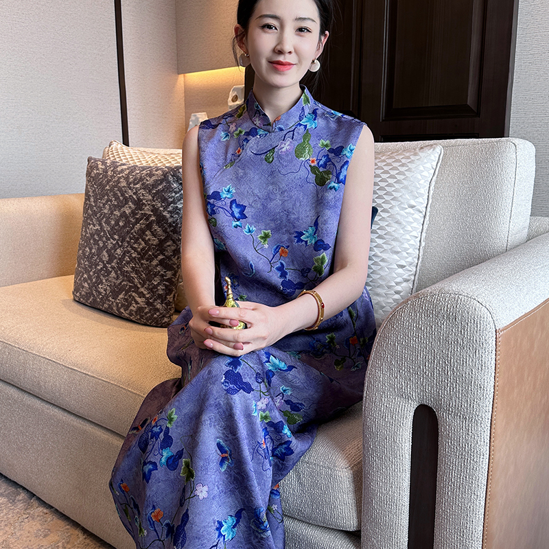 Xu Beiting Original Design New Chinese Style Retro Stand Collar Sleeveless Loose Dress Improved Cheongsam Purple Summer Women's Clothing