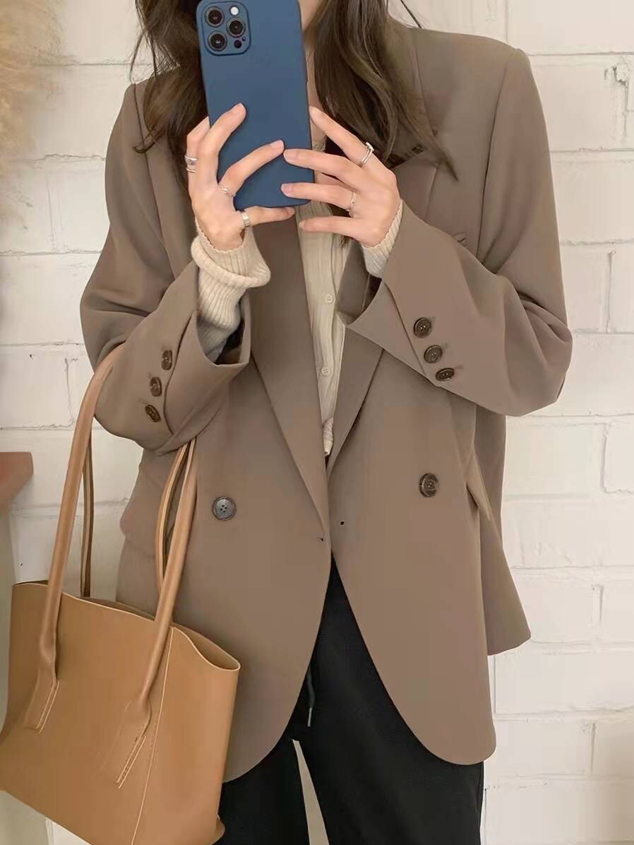 Early autumn coffee color fried street suit jacket female Korean version 2022 senior casual loose double-breasted small suit top