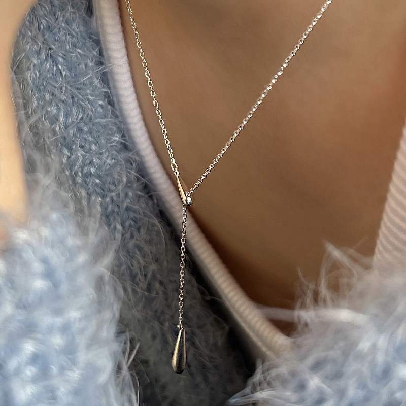 Elegant 925 Sterling Silver Water Drop Pendant Pull-Out Y-Shaped Necklace Minimalist Cool Style Long Adjustable Clavicle Chain Neck Chain
