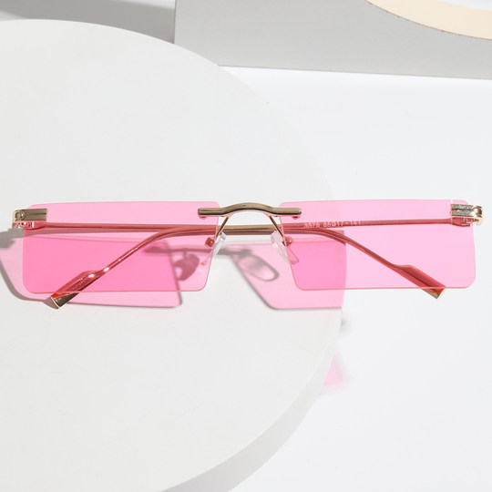 Hip-Hop Rimless Tinted Sunglasses for Women, High-End ins Blue Narrow-Frame Small Face Sunglasses, Trendy Brand for Men