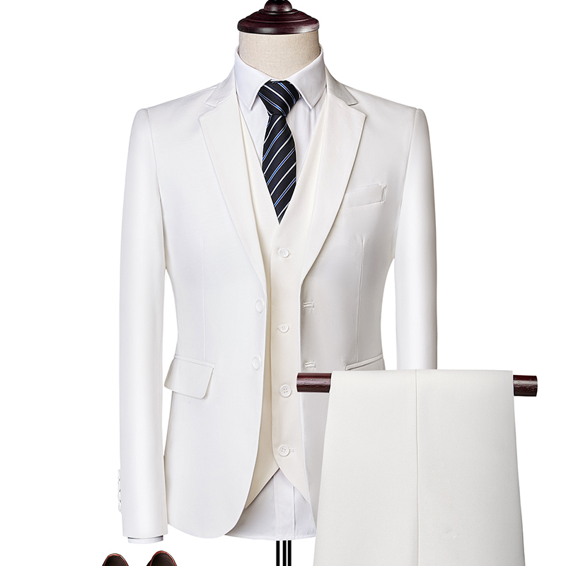 White Casual Suit Set for Men, Non-Iron Business Formal Wear, Korean Style Slim Fit Two-Button Suit, Plus Size Jacket
