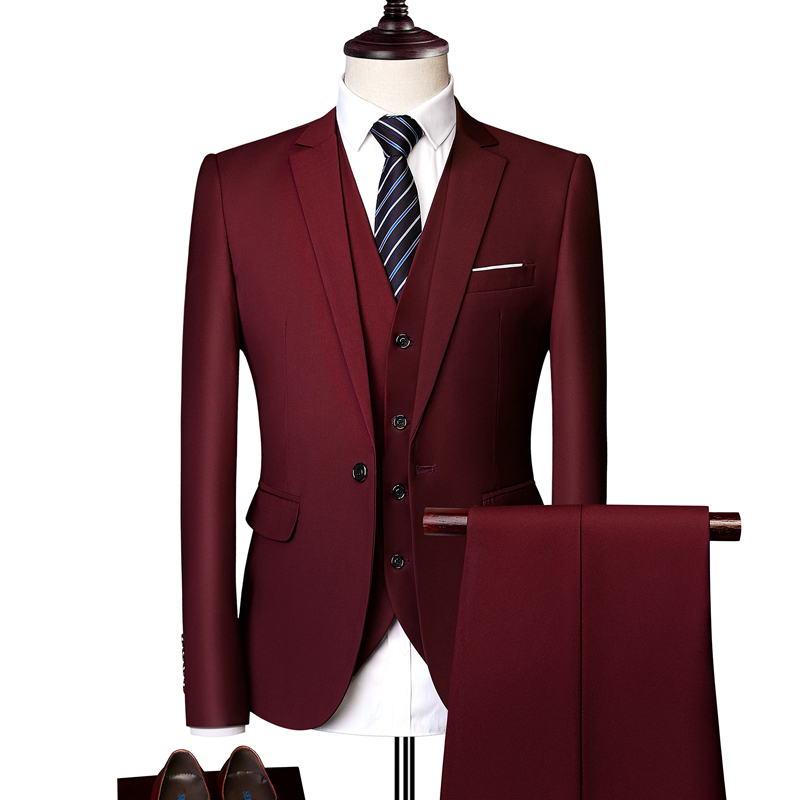 Burgundy Suit Set for Men, Three-Piece Business Casual Formal Wear, Non-Iron Slim-Fit Suit, Groom's Wedding Dress Burgundy Suit Set for Men, Three-Piece Business Casual Formal Wear, Non-Iron Slim-Fit Suit, Groom's Wedding Dress