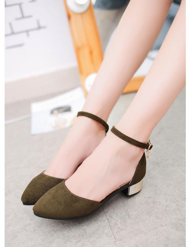 Giày cao gót ngắn và thấp 3cm Giày cao gót dày có mũi nhọn bằng da lộn dép nữ mùa hè khóa từ mùa xuân giày sinh viên sandal bitis