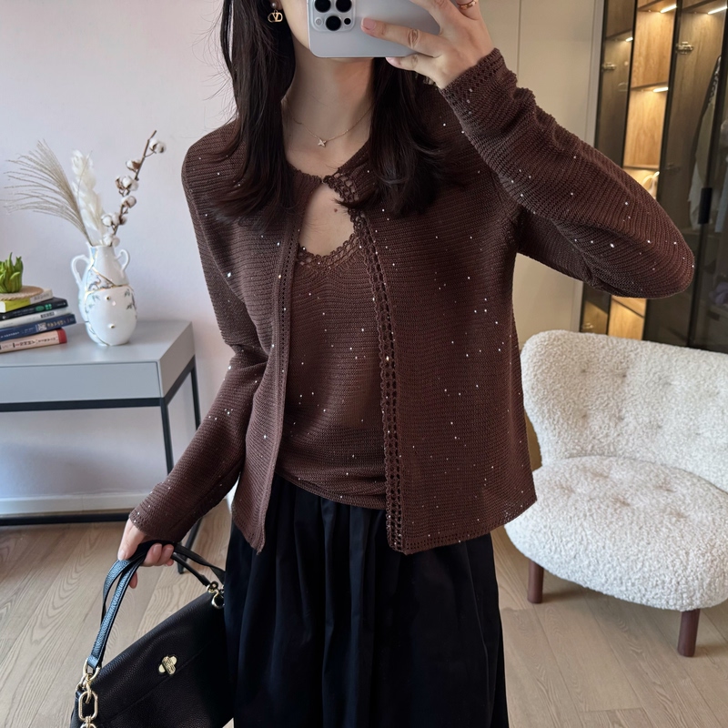 Hollow-Out Blouse with Sequins, Short Knitted Cardigan, Outerwear for Women, 26 Spring New Style, Long-Sleeved Top, Hand-Crocheted Lace Camisole