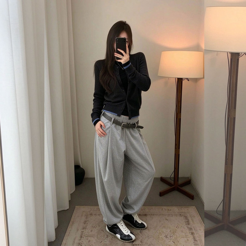Korean-Style High-Waisted Drawstring Sweatpants for Women, Lazy Style, Loose Straight-Leg Pants, Versatile for Commuting, Designer Jogger Pants, Gray