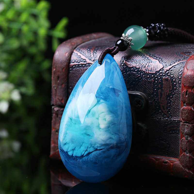 Honey Wax Pendant Female Long Version Blue Amber Drop Sweater Necklace Blue Silk Peramber Necklace Male National Wind Rope Pendant Pendant