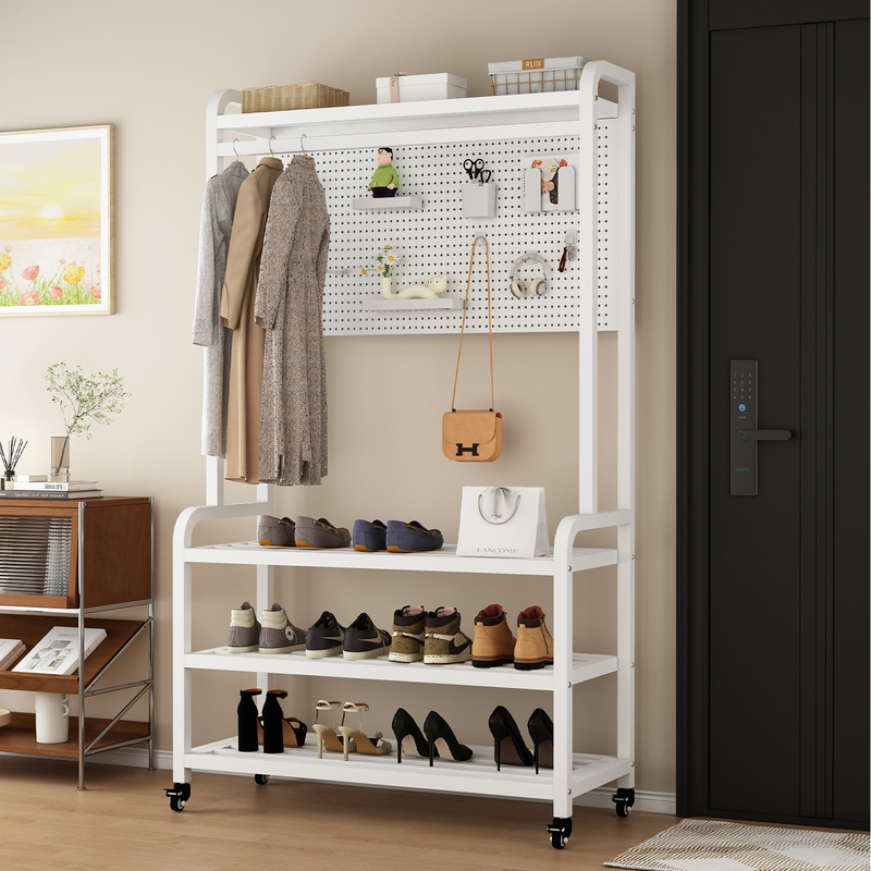 Perforated Board Coat Rack, Freestanding, Movable, for Home Use, Entryway Clothes Rack, Small Apartment, Multifunctional Shoe and Bag Organizer