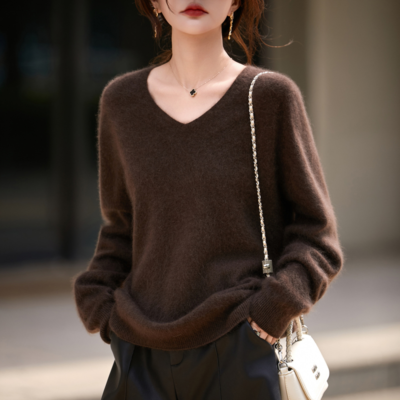 Autumn and Winter Brushed V-Neck Loose Casual Cashmere Sweater for Women, Heavy-Duty Knitwear, Base Layer, Pure Wool Knitwear, Thin Style