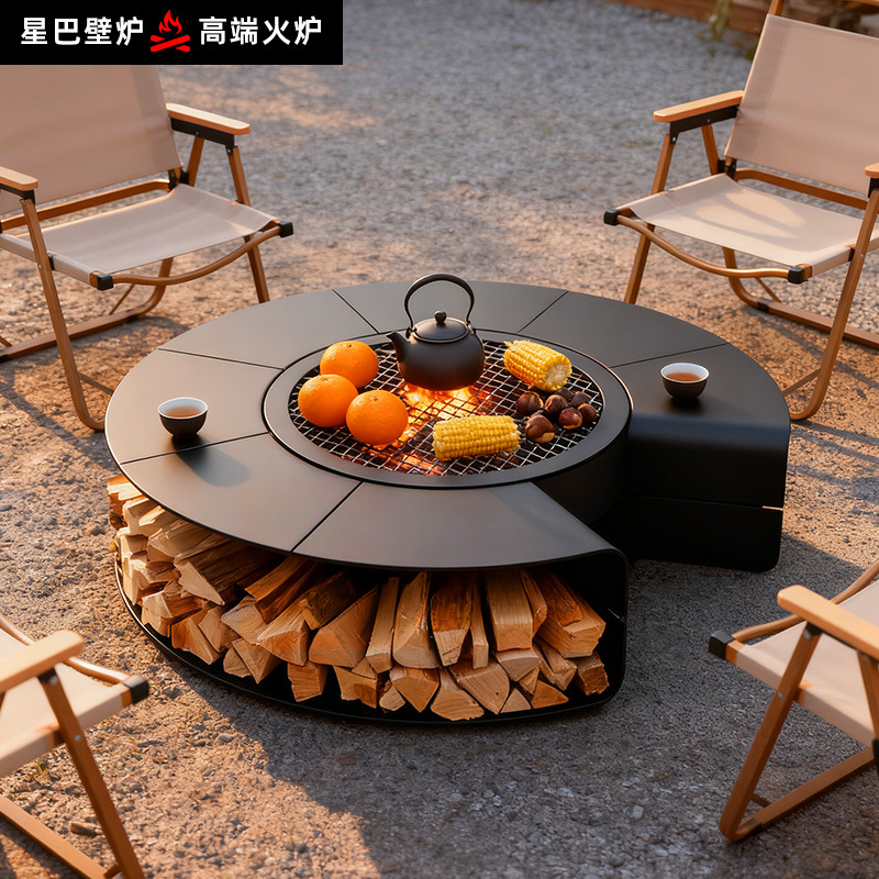Courtyard Barbecue Grill with Wood-Burning Stove for Tea Brewing and Fire Roasting, Integrated Table for Creating a Homestay Atmosphere, Bonfire Fireplace Heater