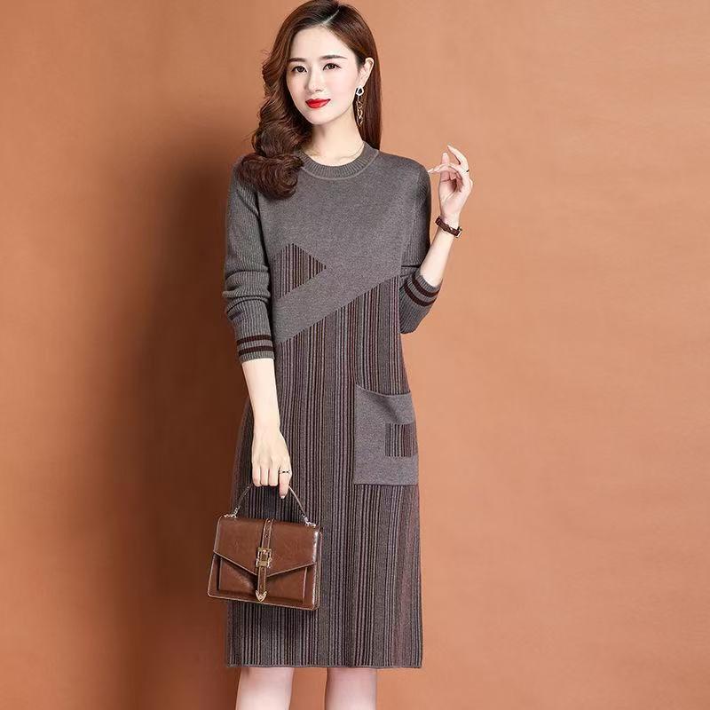 Maxmurny Spring and Autumn New Fashion Elegant Luxurious Knitted Skirt Age-Reducing Slimming Mid-Length Wool Dress