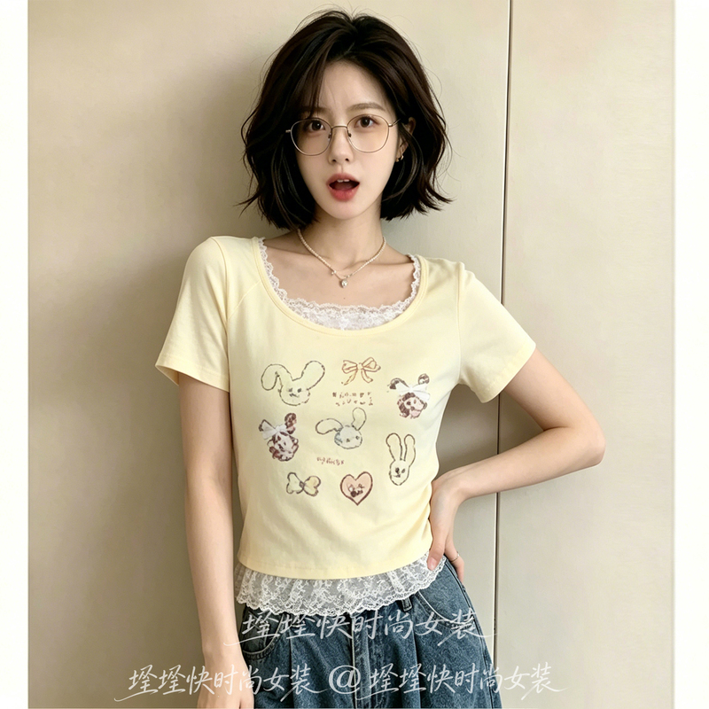 Casual Pure Desire Style Yellow Lace Patchwork Printed T-Shirt for Women 2026 Summer New Slim Fit Design Top