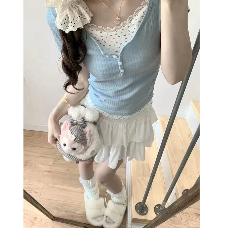 Fake Two-Piece Lace Floral New Short-Sleeve 2026 Summer Slim-Fit Niche Design Top for Women Trendy