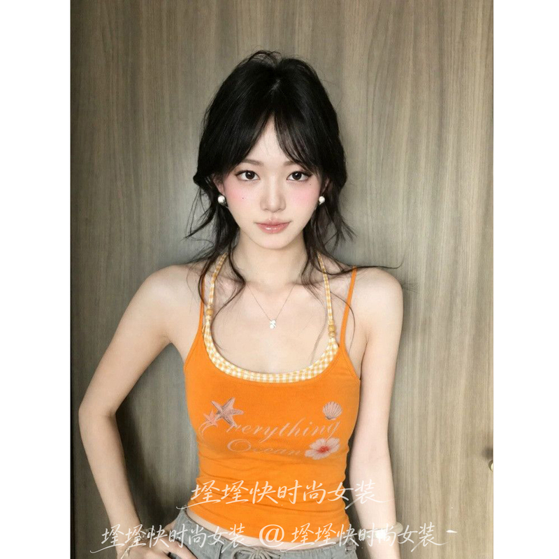 Casual Style Orange Fake Two-Piece Halter Neck Camisole for Women 2026 Summer New Slim-Fit Sleeveless Outerwear Trendy Top