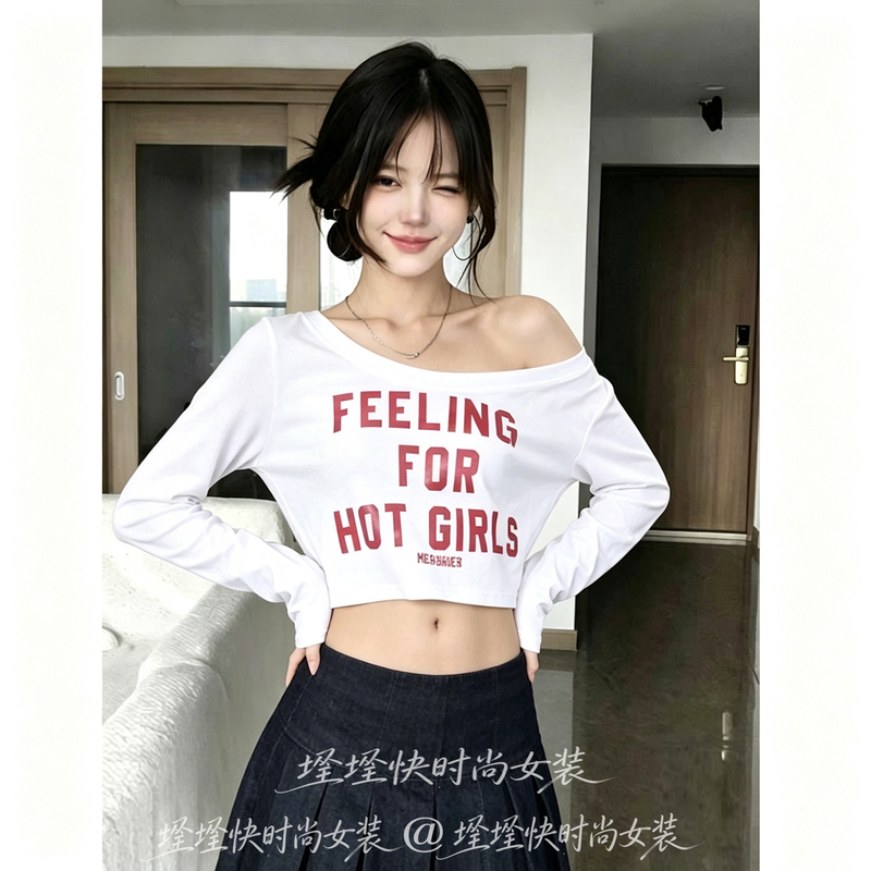 Retro Off-Shoulder Short Style Waist-Revealing Hot Girl Letter Print Long-Sleeved T-Shirt Autum New Style Slanted Shoulder Loose Slimming Top Retro Off-Shoulder Short Style Waist-Revealing Hot Girl Letter Print Long-Sleeved T-Shirt Autum New Style Slanted Shoulder Loose Slimming Top