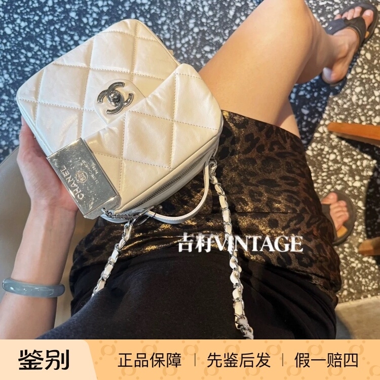 Vintage Chanel Silver Oil-Waxed Nameplate Camera Bag
