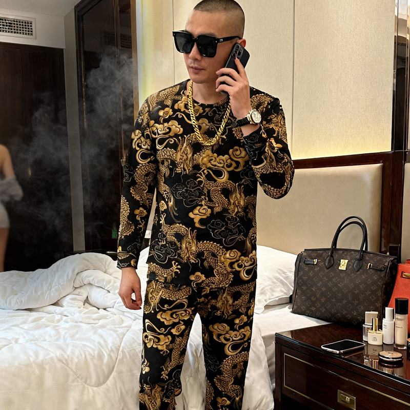 Men's Thermal Underwear Set for Autumn and Winter, Bold and Unique, Fleece-Lined, Medium-Thick, Large Size, Dragon Pattern Printed Cotton Clothing